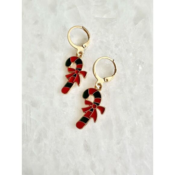 Red and green candy cane dangle Christmas earrings ￼ - Picture 1 of 2